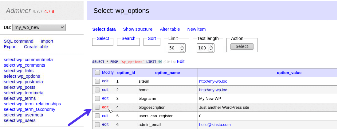 Aanpassen van een bestaand item in de database met Adminer