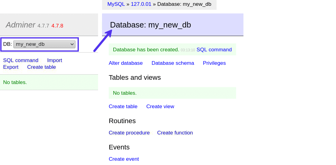 Find the new database listed in the dropdown menu and title