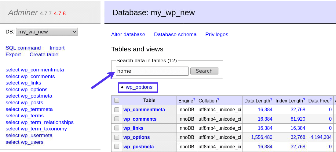 Søger efter et udtryk inde i en database i Adminer