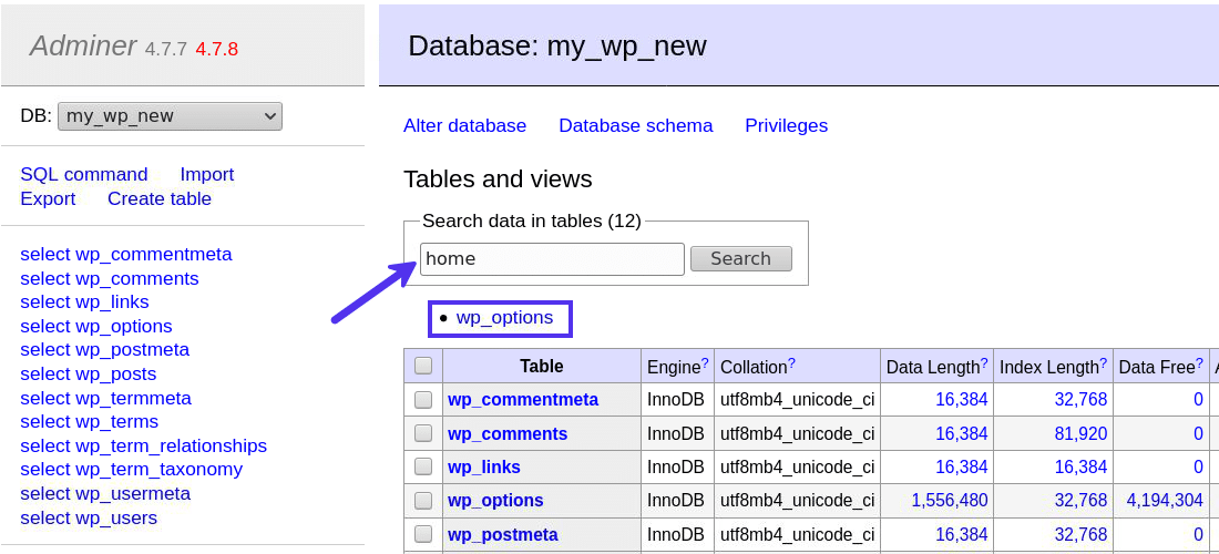 Met Adminer zoeken op een term binnen een database