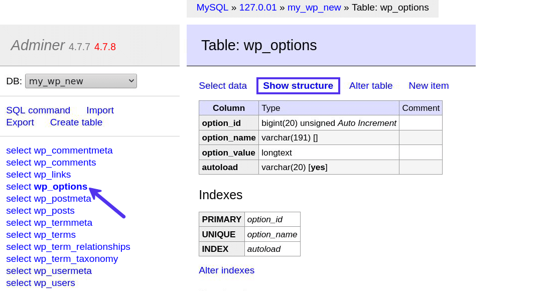 En cliquant sur une table, vous pourrez voir sa « structure ».