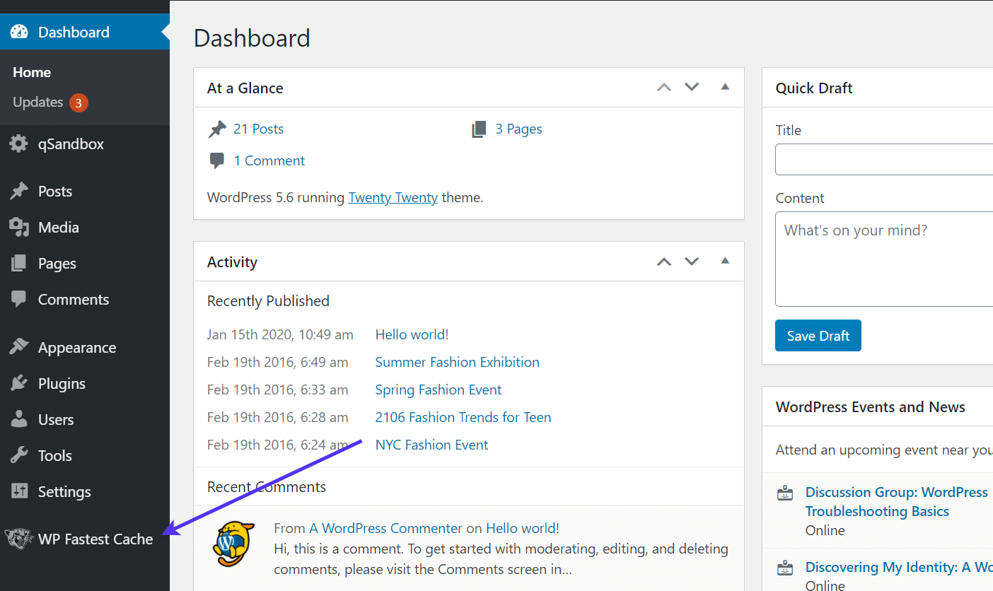 WP Fastest Cache menu in WordPress dashboard