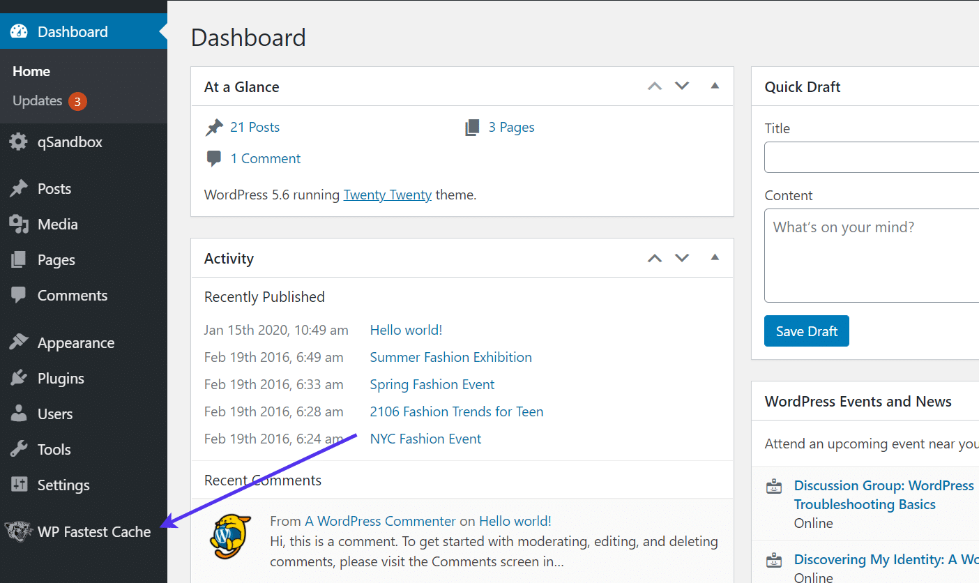 WP Fastest Cache menu no painel de controle do WordPress