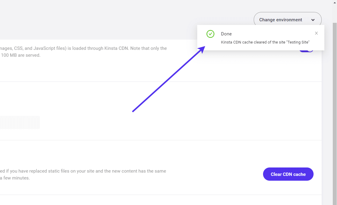 'Done' message after clearing Kinsta CDN cache