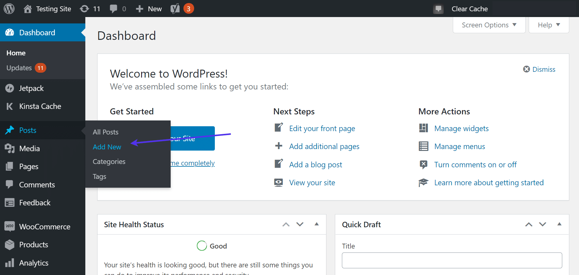 'Beiträge > Neu hinzufügen' Link im WordPress Dashboard