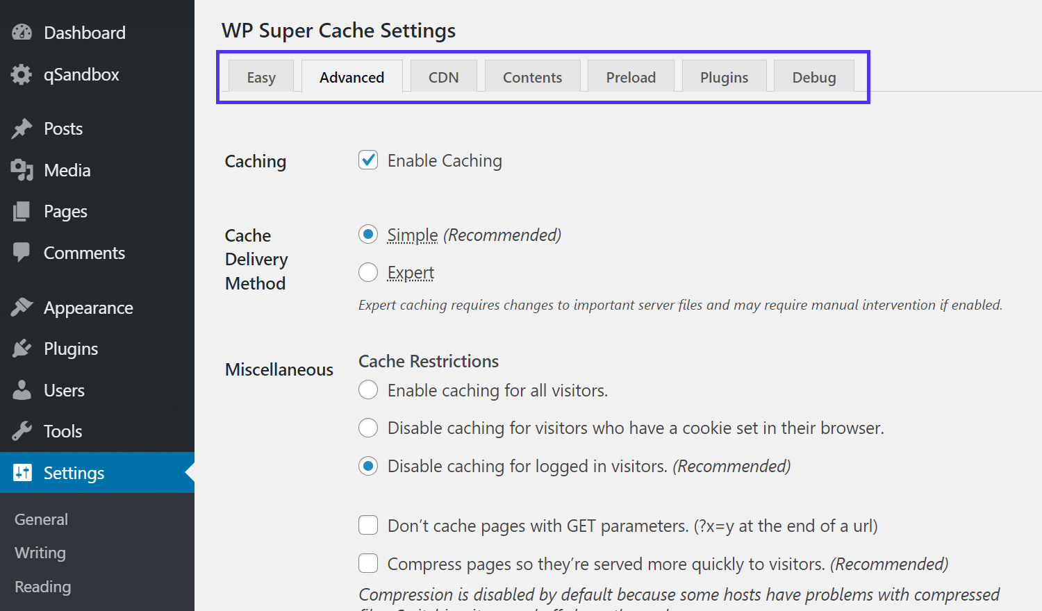 Onglets des réglages de WP Super Cache