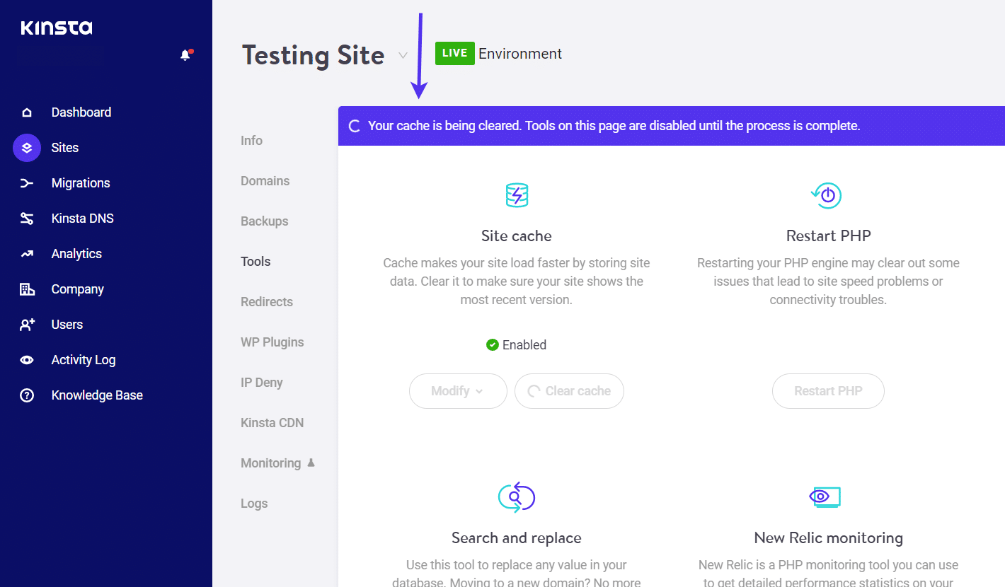 Mensagem 'Seu cache está sendo limpo'