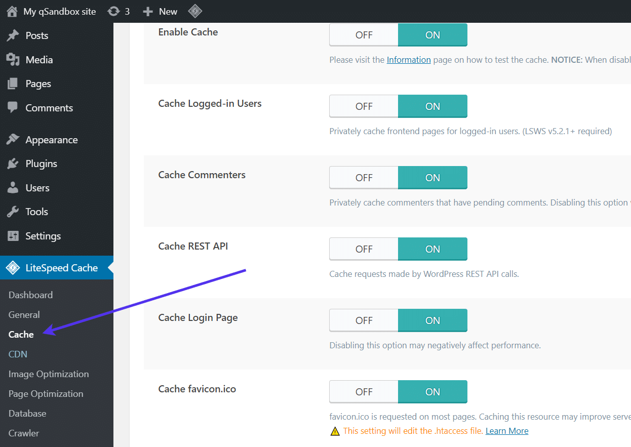 Schermata delle impostazioni "Cache" di LiteSpeed Cache