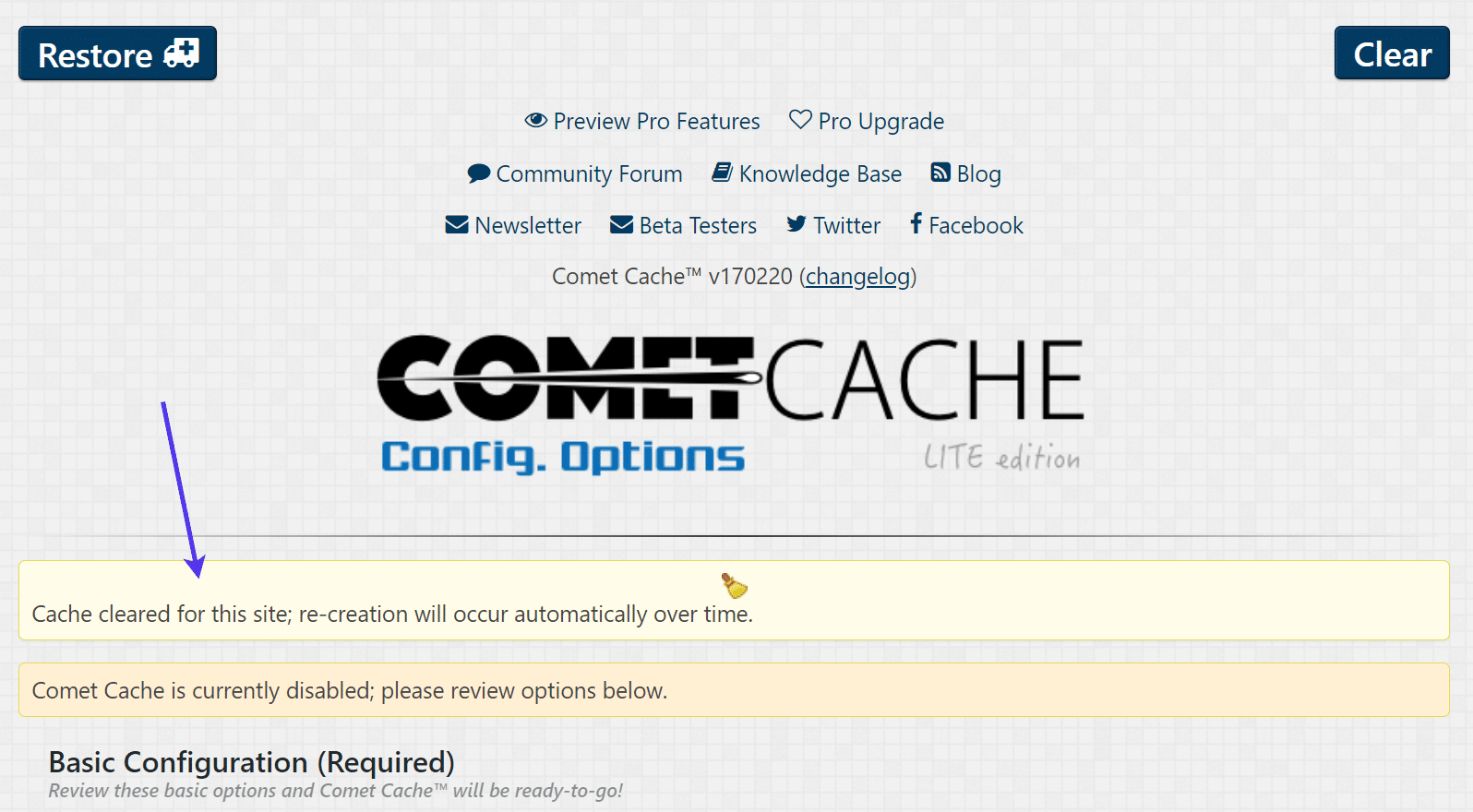 Cache cleared message with Comet Cache