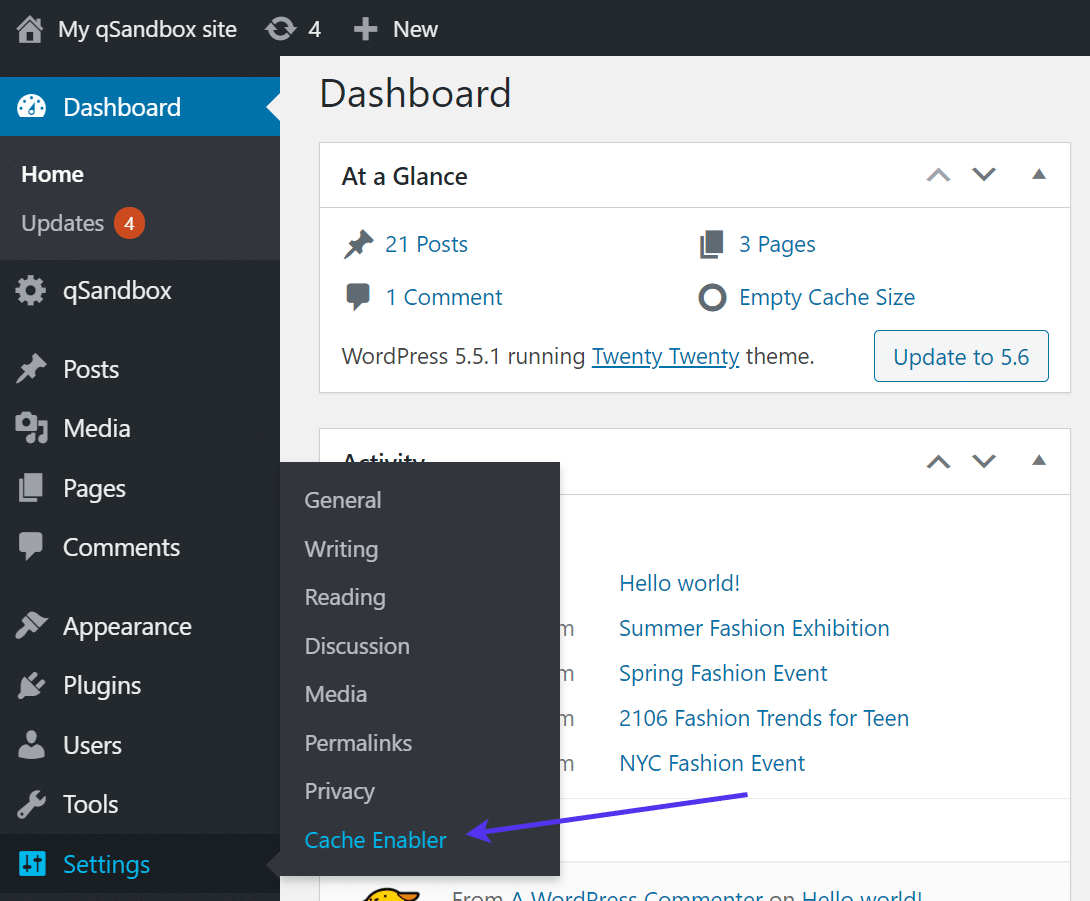 Settings > Cache Enabler