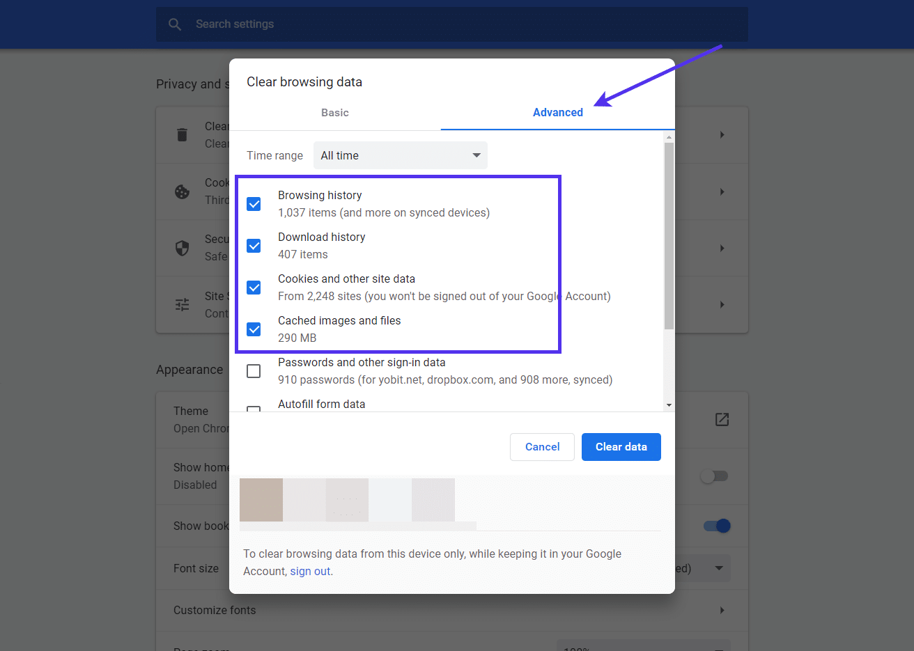 Onglet « Avancé » sous « Effacer les données de navigation » dans le navigateur Chrome