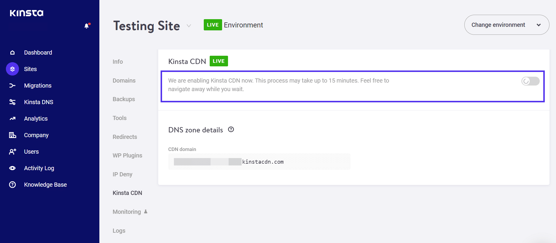 有効化処理中に「CDN」画面に表示されるメッセージ