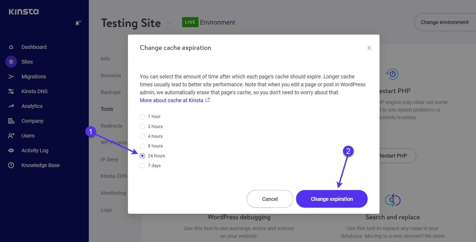 Il pulsante "Modifica scadenza" per cancellare la cache di WordPress