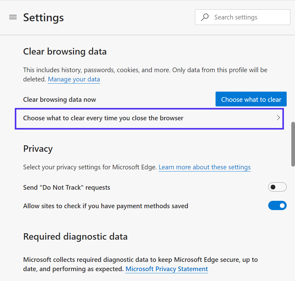 Configuración avanzada de "Borrar datos de navegación"