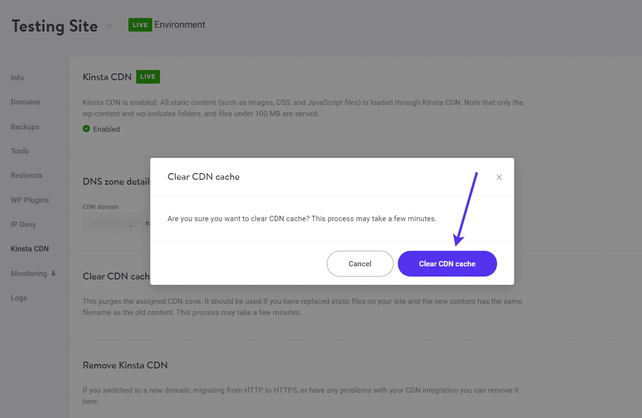 Druk op de 'CDN cache wissen' knop