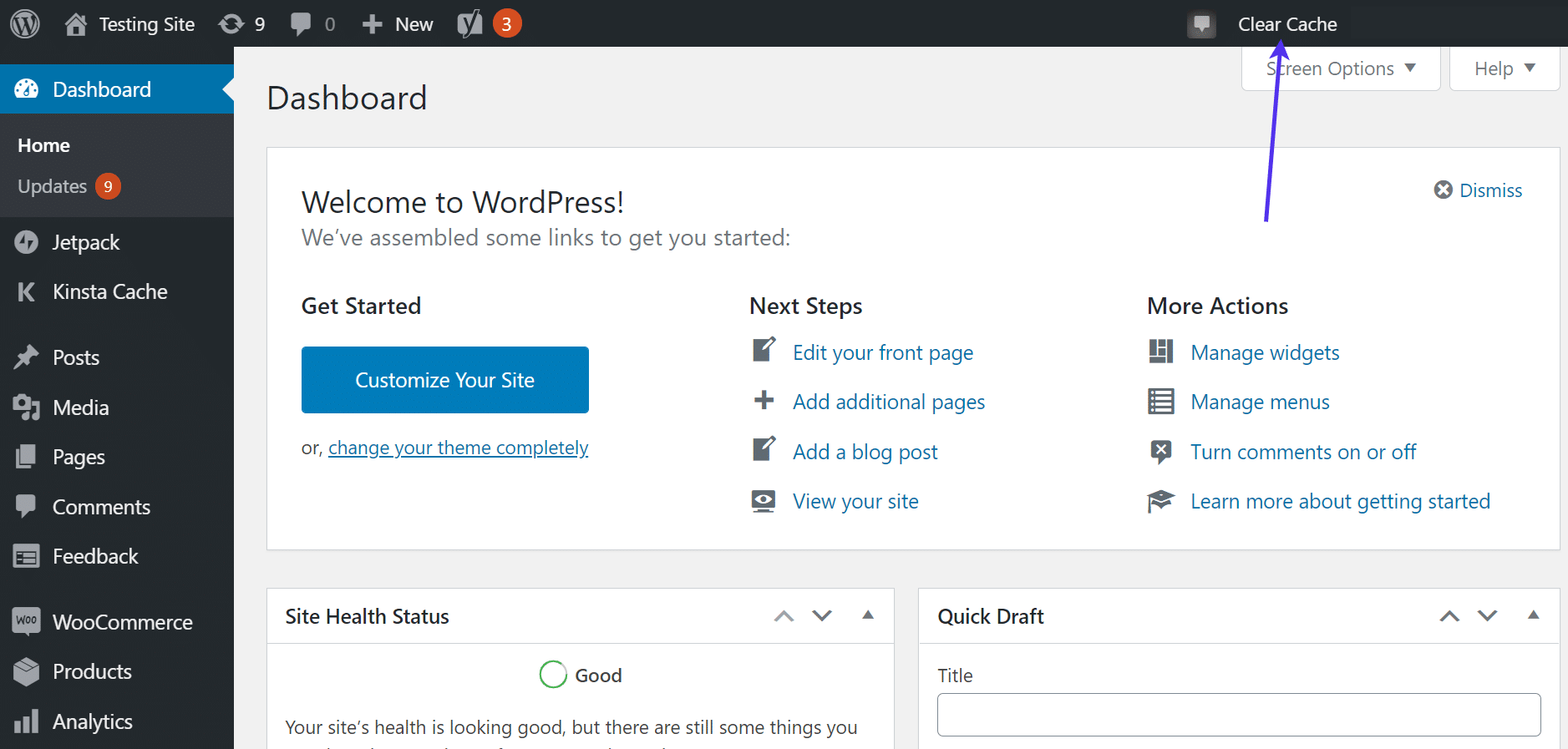 'Clear Cache' button in WordPress dashboard