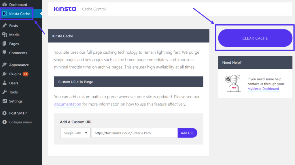 Como limpar o cache de páginas Kinsta no WordPress Dashboard
