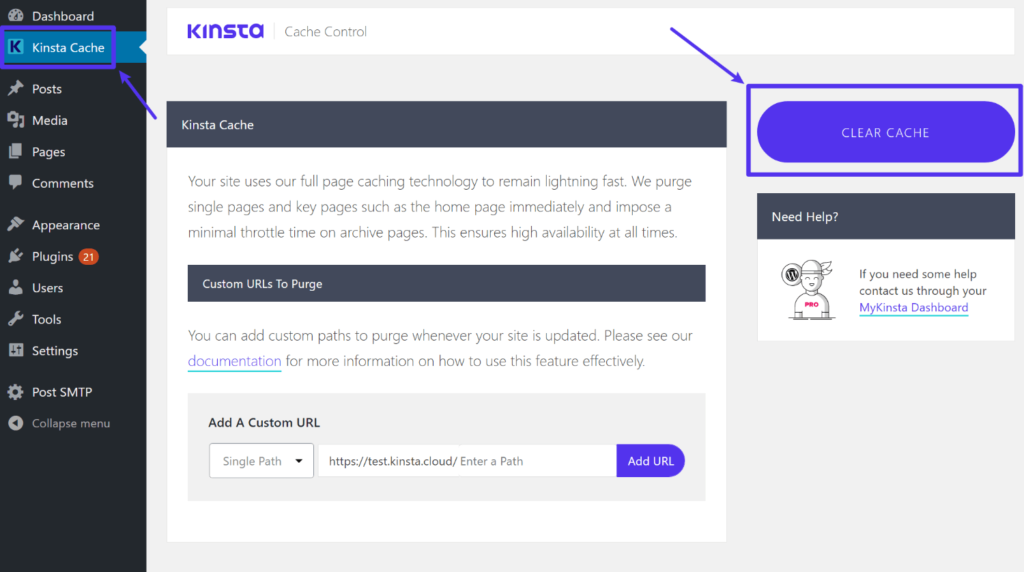 Come cancellare la cache delle pagine di Kinsta nella bacheca di WordPress