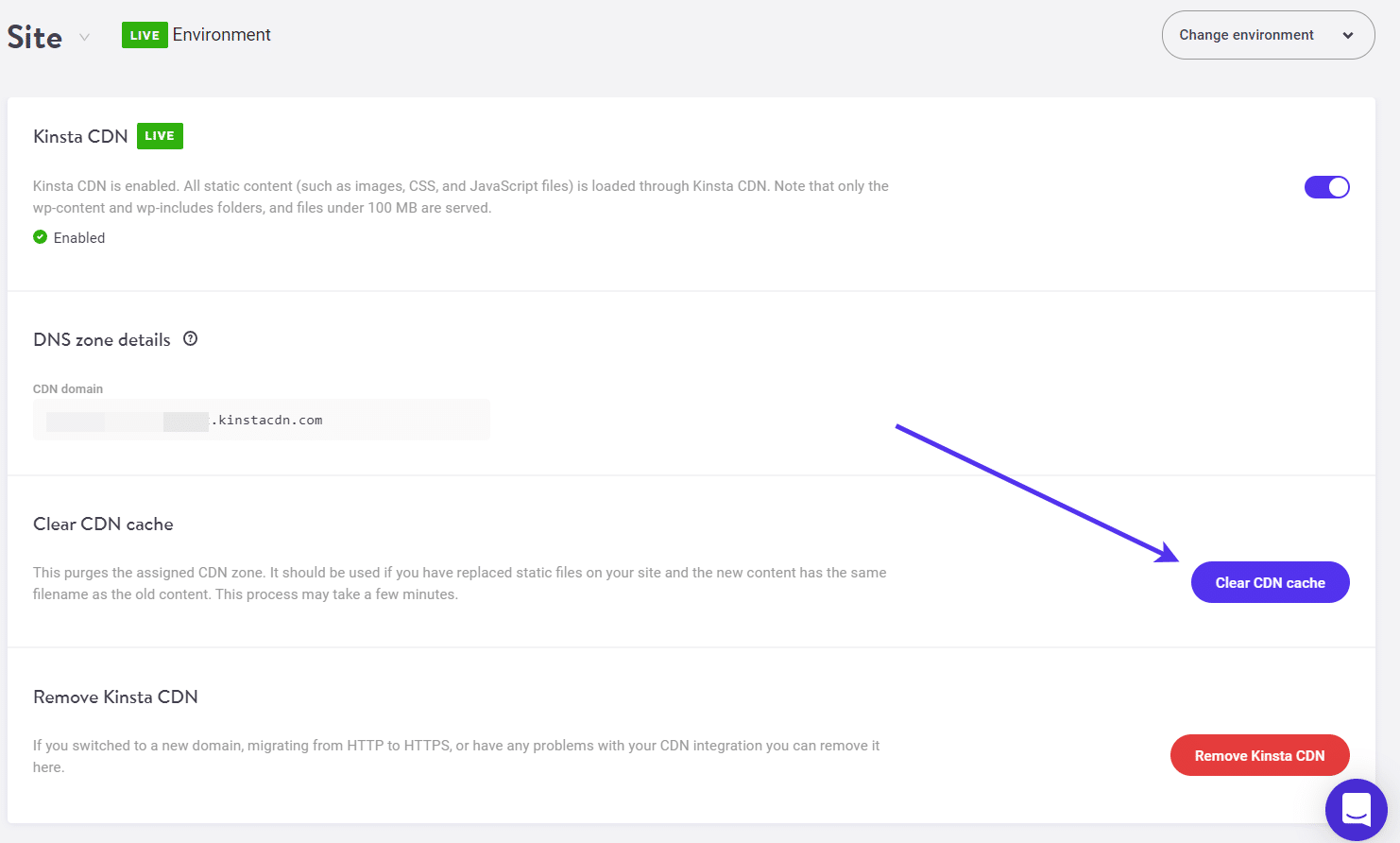'Clear CDN Cache' in MyKinsta dashboard