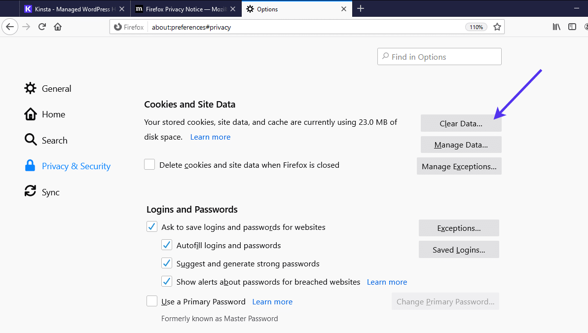 De 'Clear Data' knop in Firefox