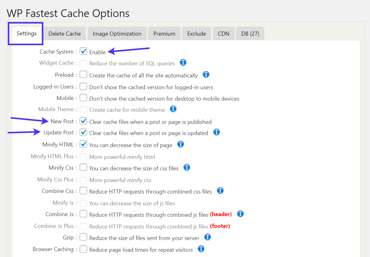 Schakel 'Cache System' in WP Fastest Cache Options