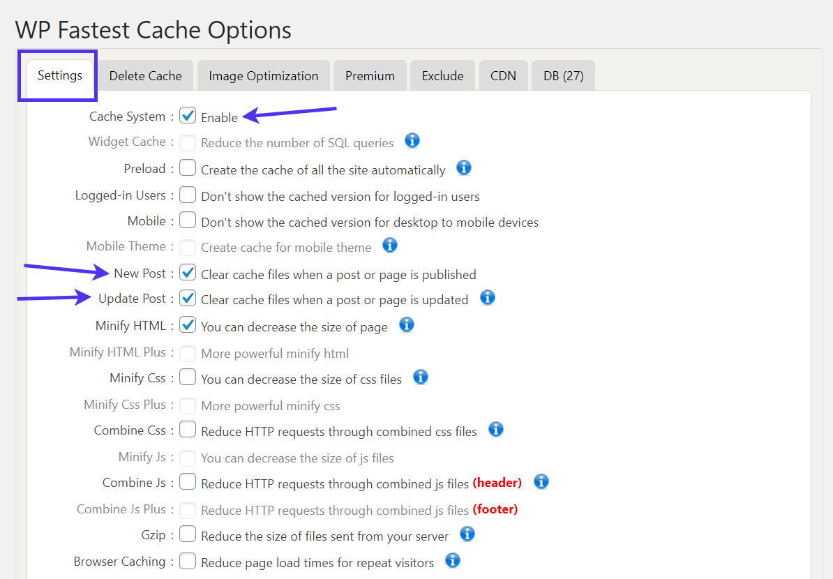 Habilitar 'Cache System' em Opções de WP Fastest Cache Options