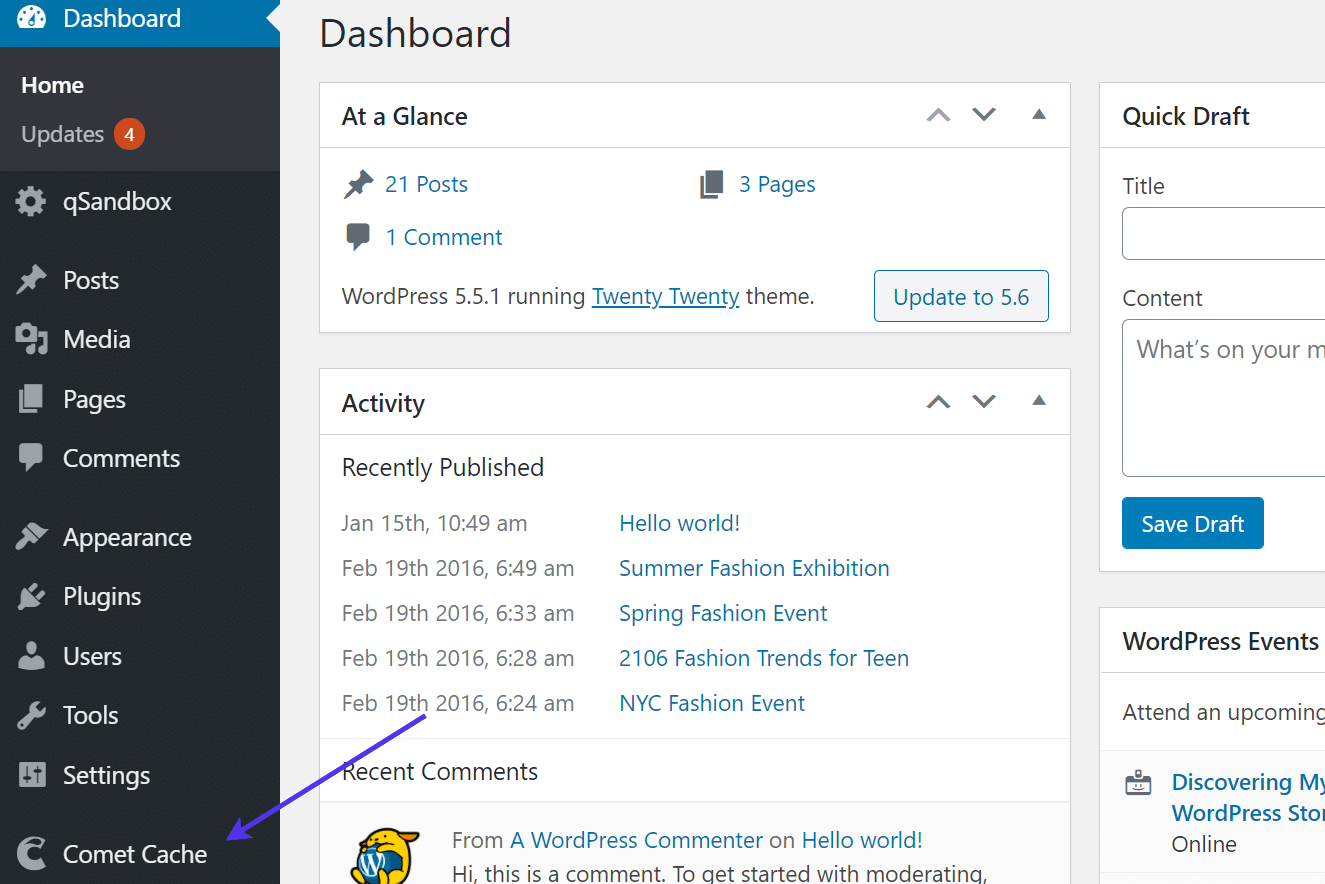 'Comet Cache' menu in WordPress dashboard