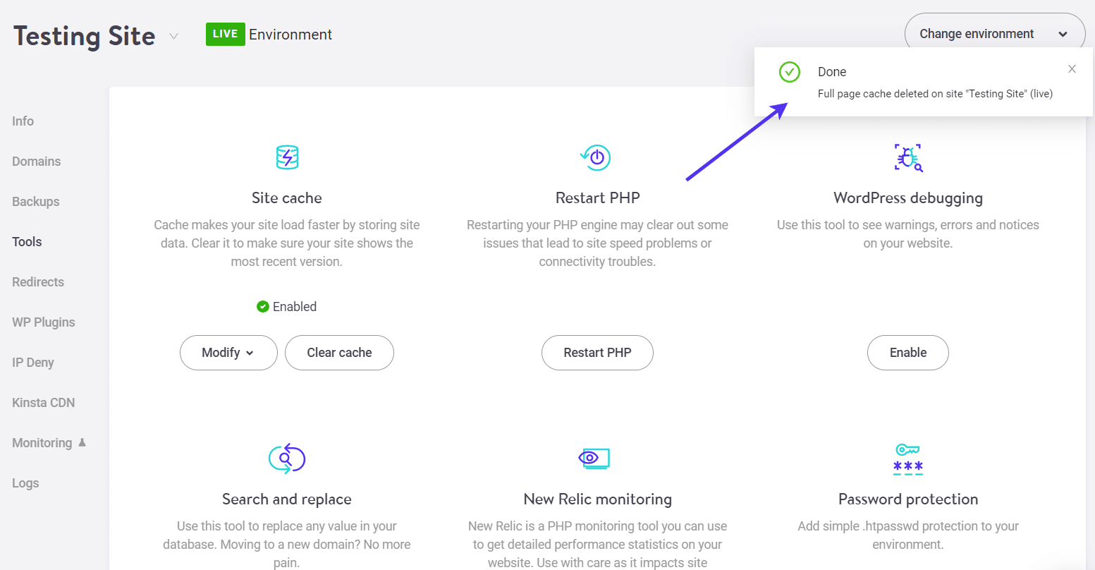 'Done' message after clearing WordPress cache