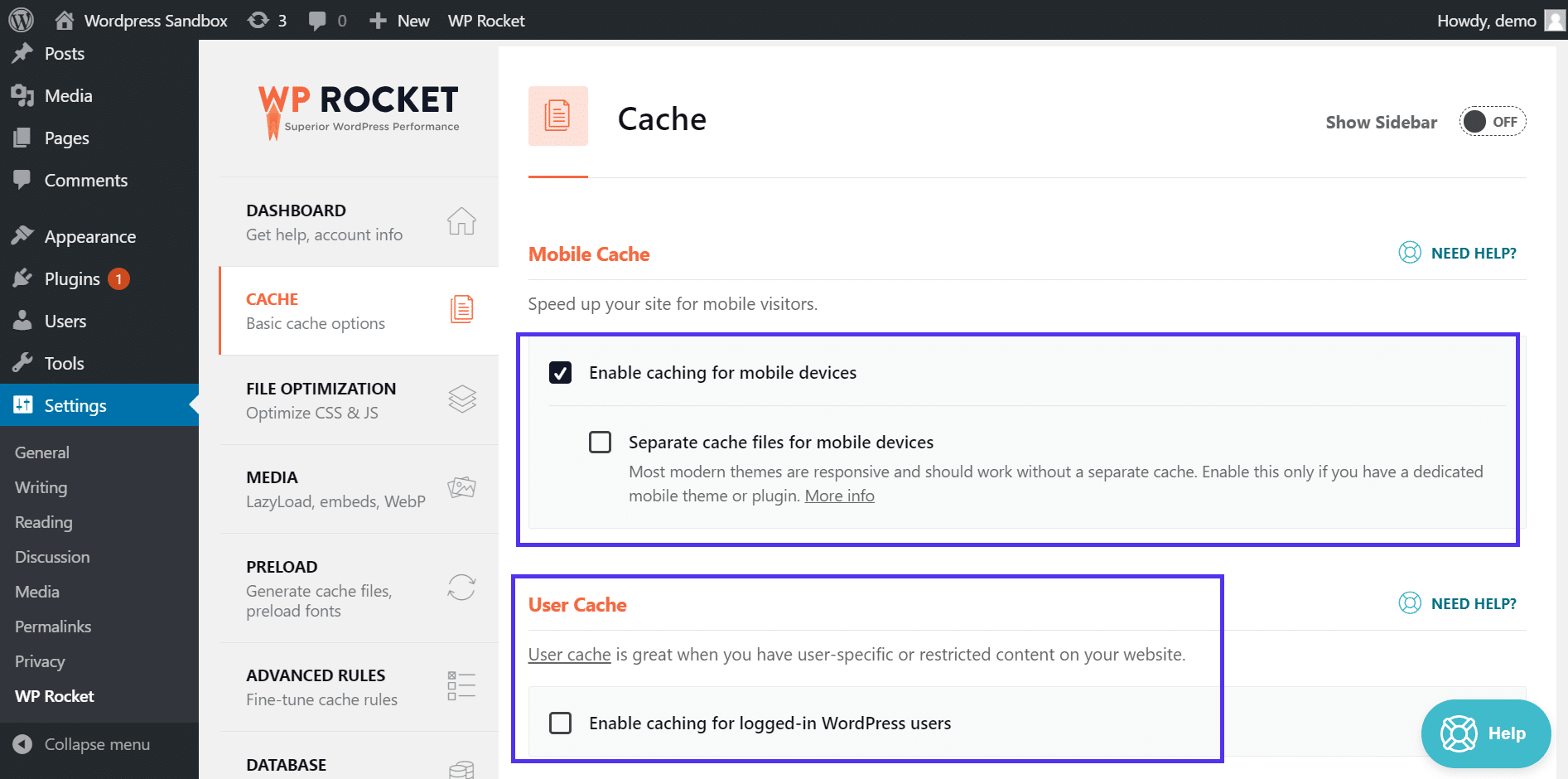 Activer différents types de mise en cache dans WP Rocket