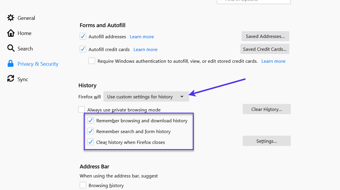 Opción "Usar configuración personalizada para el historial