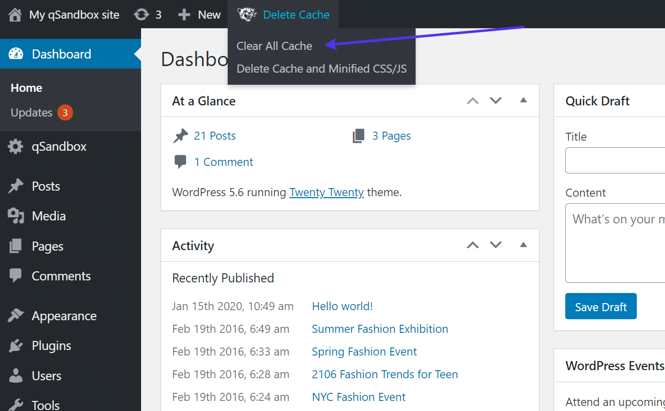 WP Fastest Cache's link 'Clear All Cache' (Limpar todas as Caches)