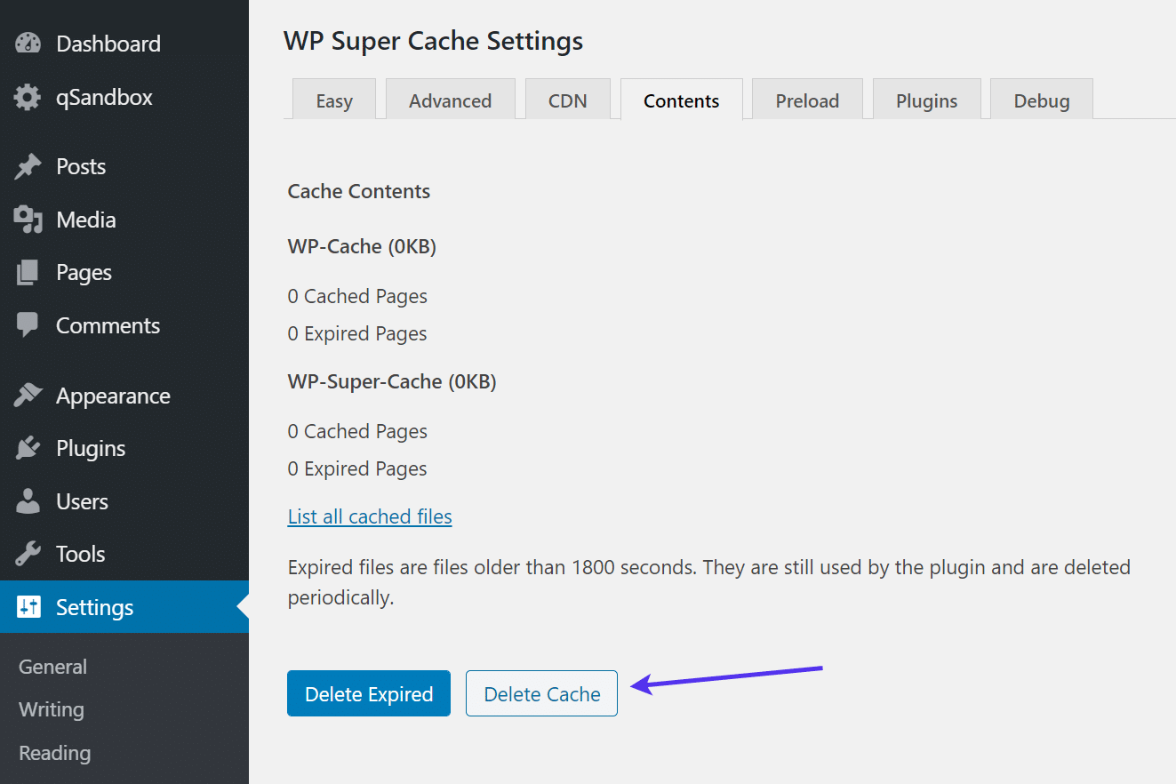 WP Super Cache instellingen