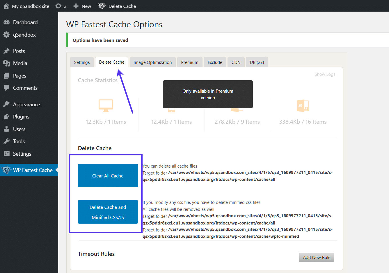 A aba 'Delete Cache' em Opções de WP Fastest Cache 