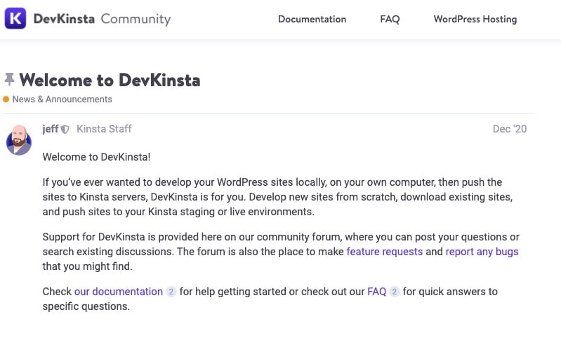 DevKinsta's community forum