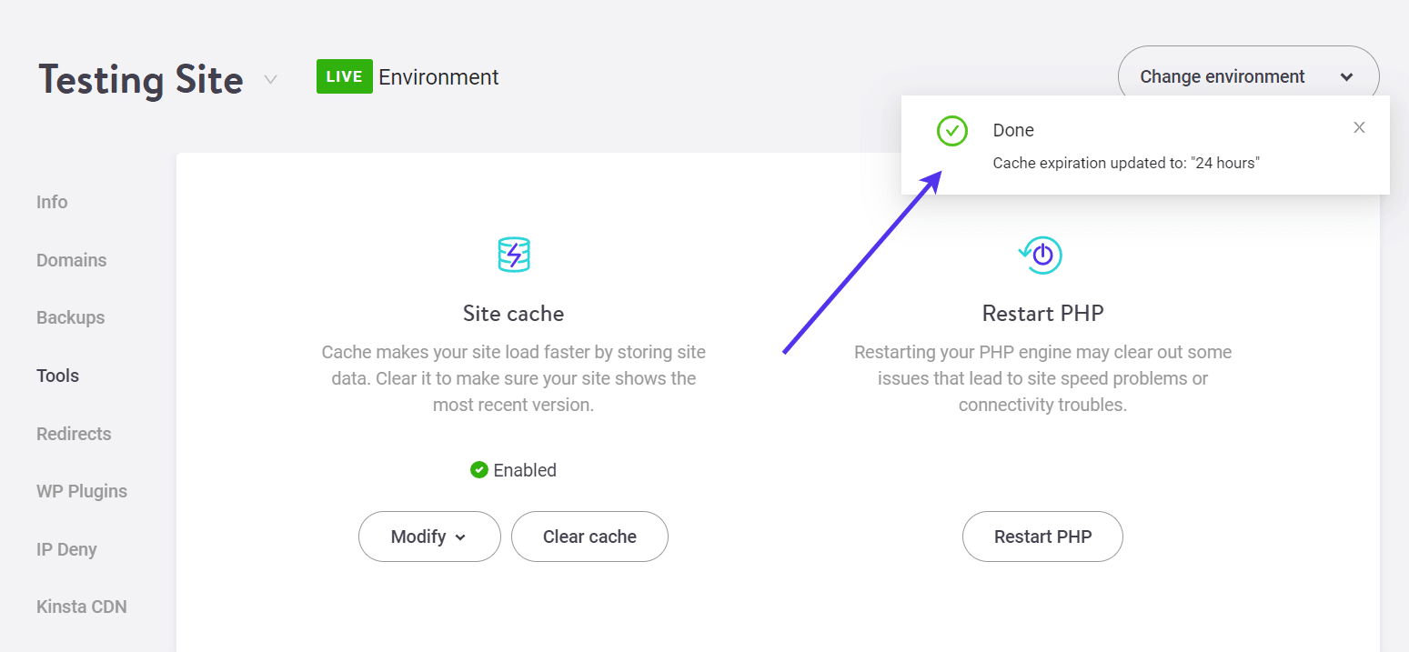 Bevestiging na het instellen van de nieuwe cache-vervaltijd