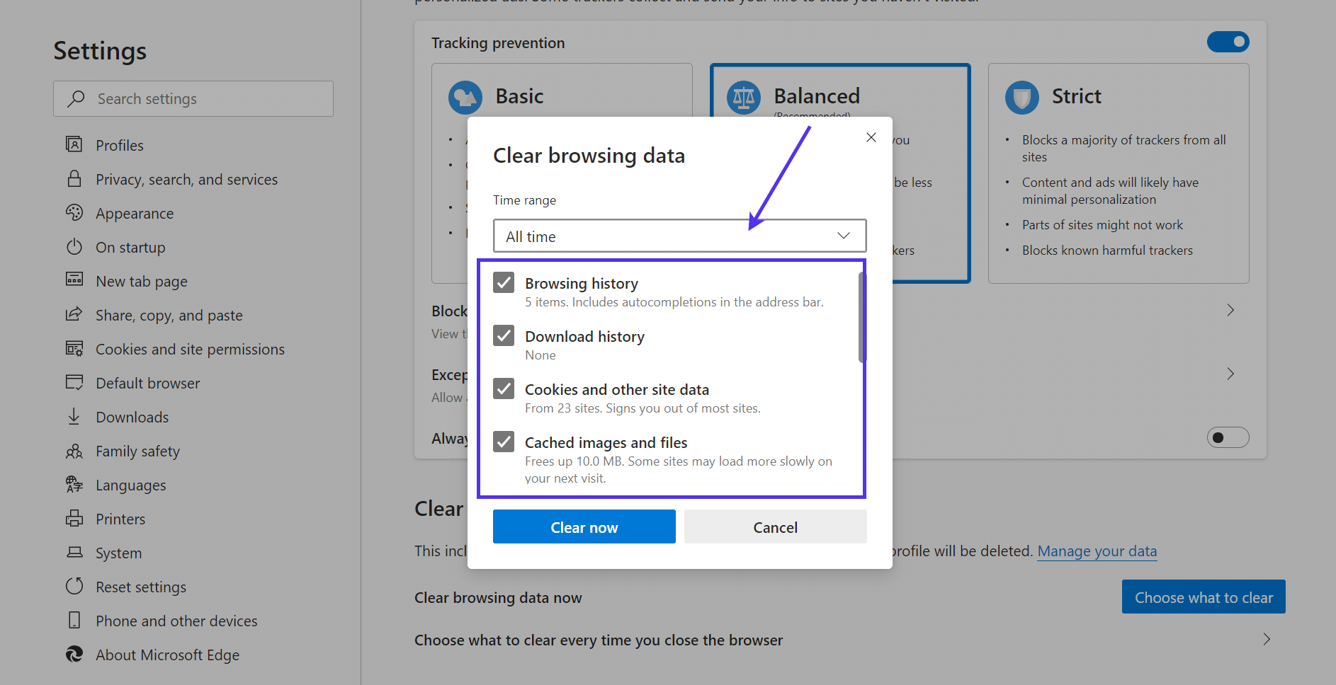Edge browser's 'Clear browsing data' option