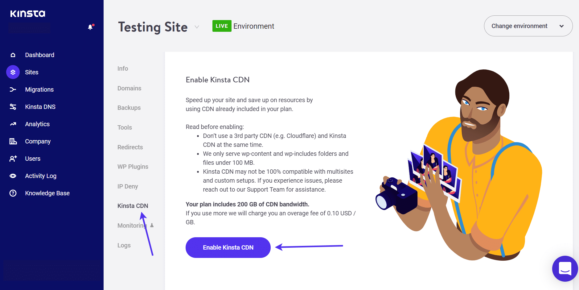 Kinsta CDN in het MyKinsta dashboard