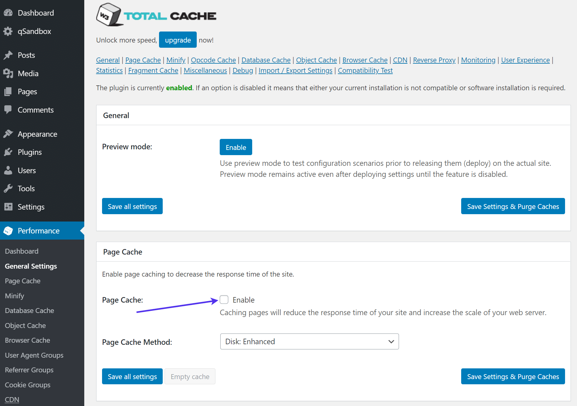 Activación de la caché de página en W3 Total Cache