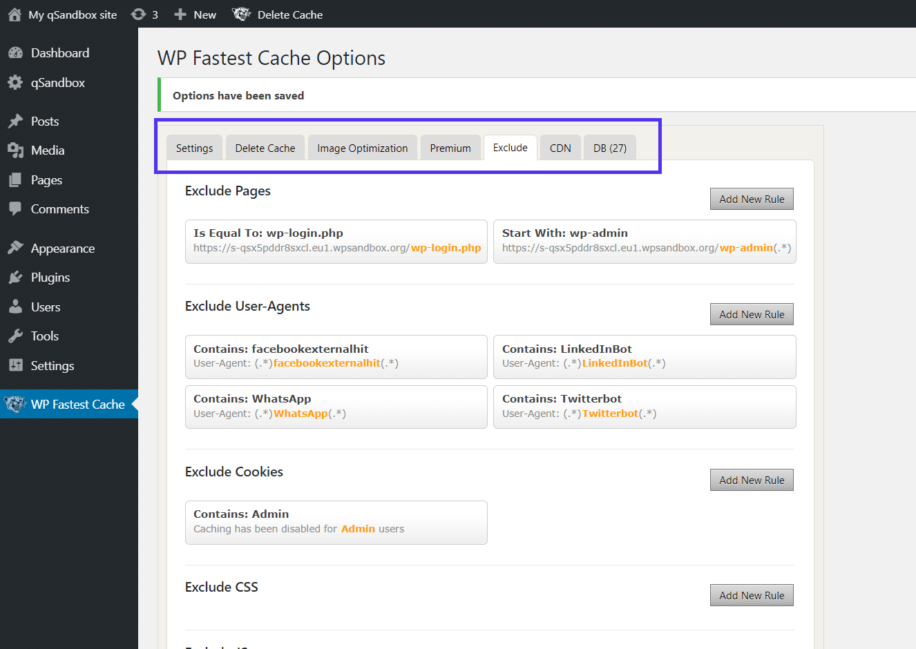 The 'Exclude' tab in WP Fastest Cache Options