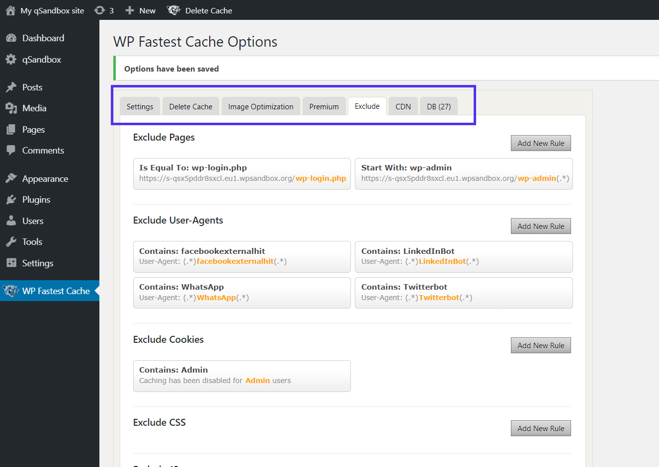 A aba "Excluir" nas Opções de WP Fastest Cache 