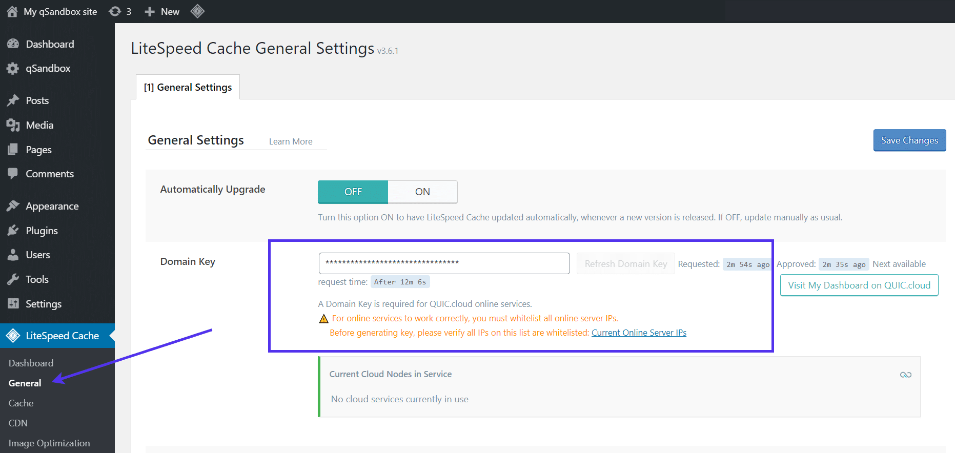 LiteSpeed Cache's 'General' Settings screen