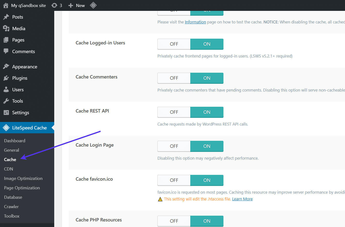 LiteSpeed Cache settings