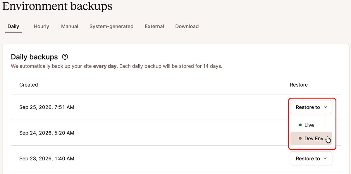 A screenshot of the Daily backups screen in MyKinsta.