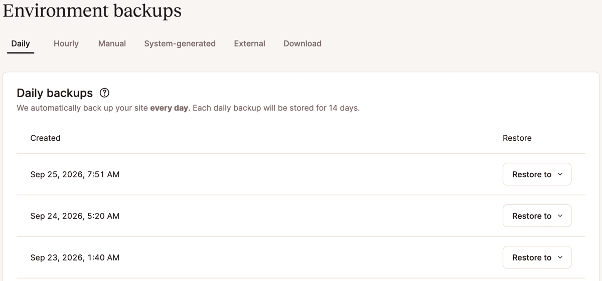 A screenshot of the display of daily backups in MyKinsta.