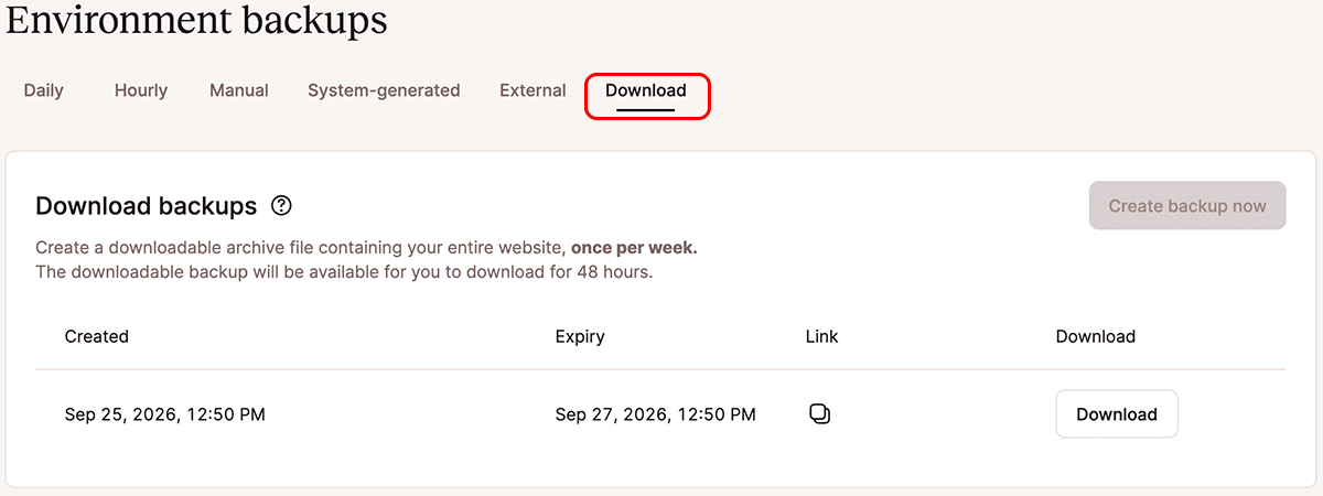 A screenshot of the interface for downloadable backups in MyKinsta.