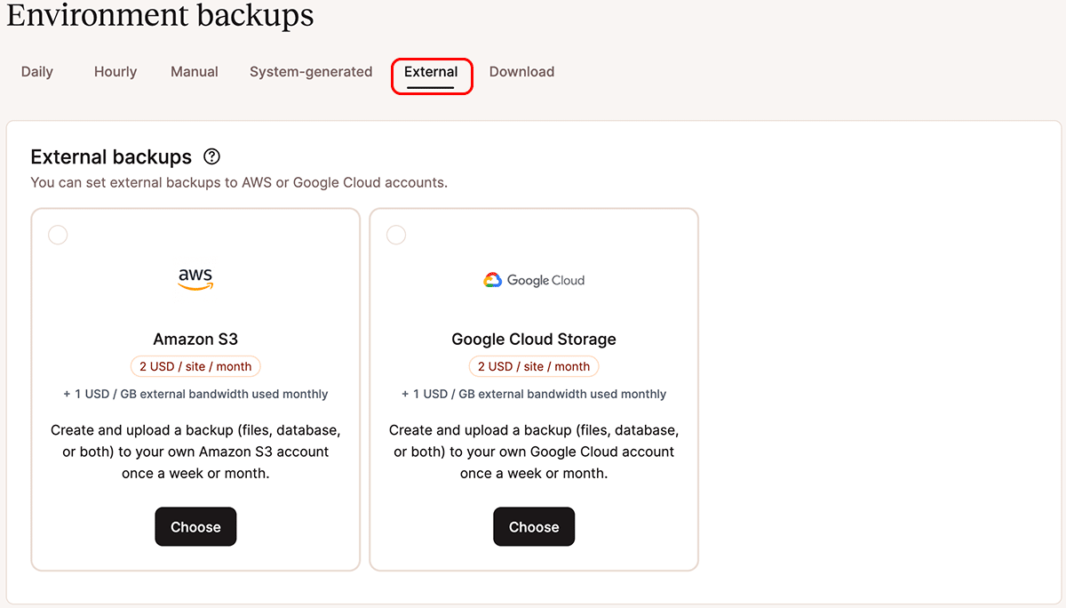 A screenshot showing external backup options in MyKinsta.