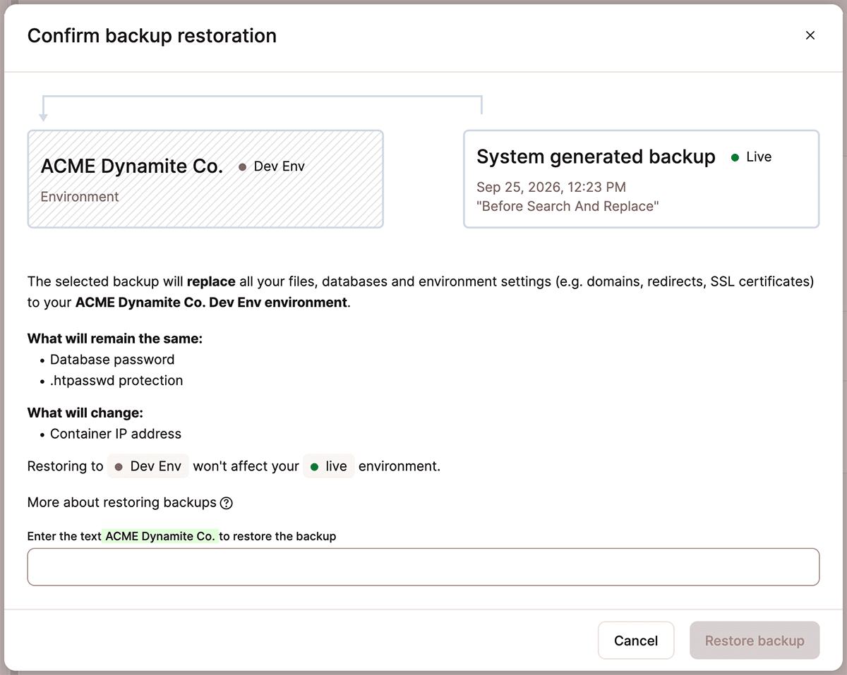 A screenshot of the dialog for confirming a backup restoration.