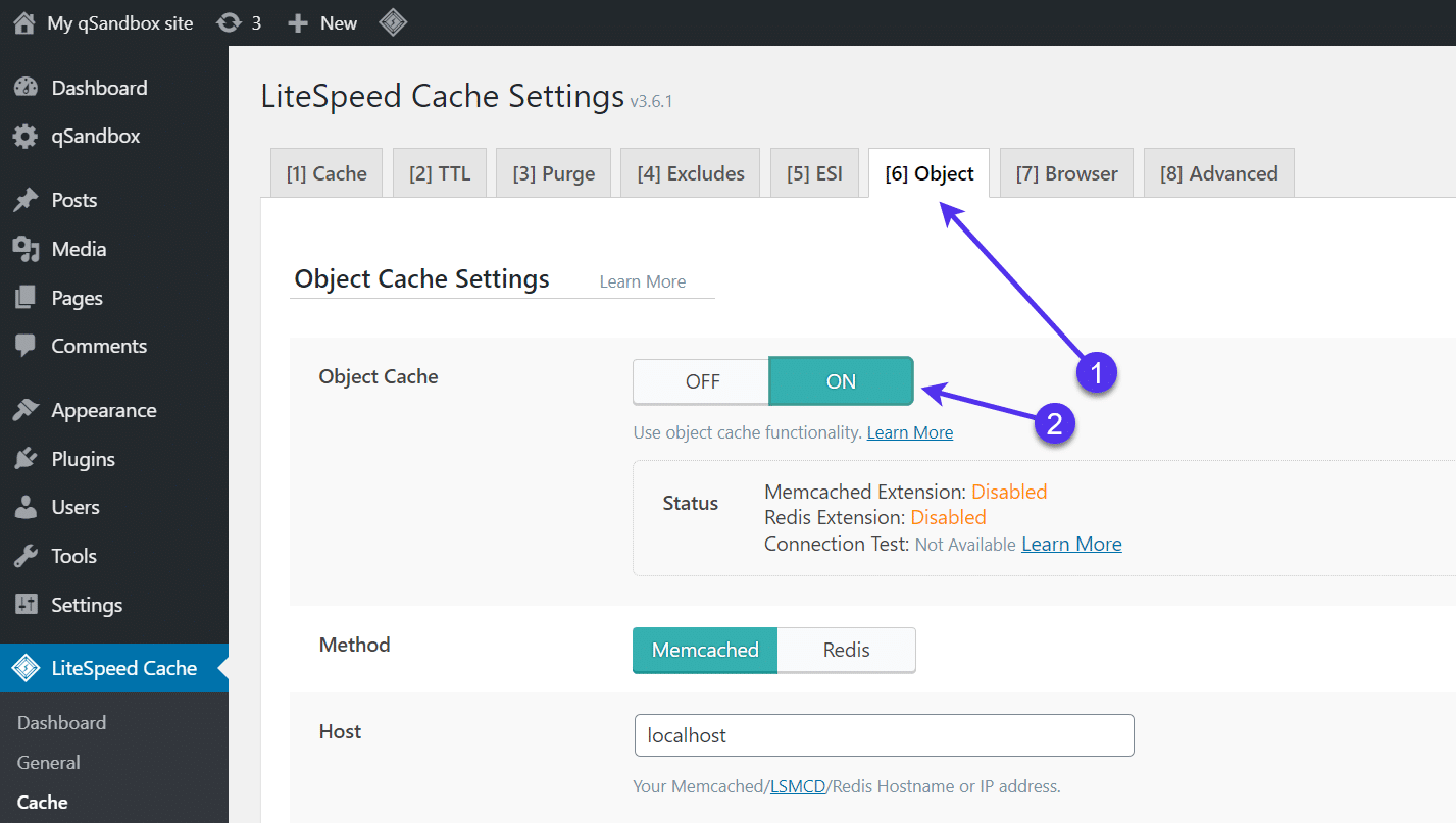 Object Cache instellingentabblad in LiteSpeed Cache