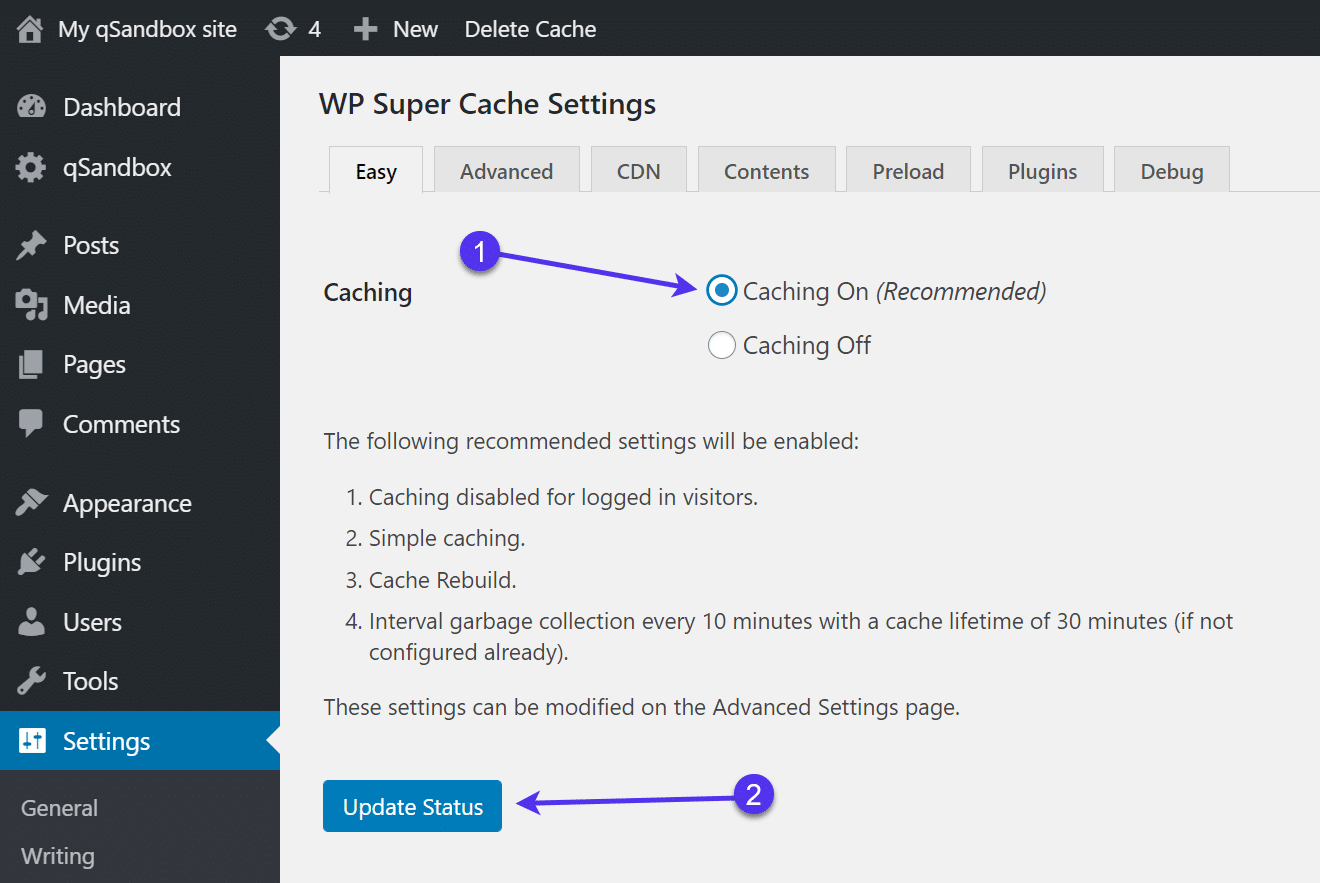 Setting caching On/Off in WP Super Cache