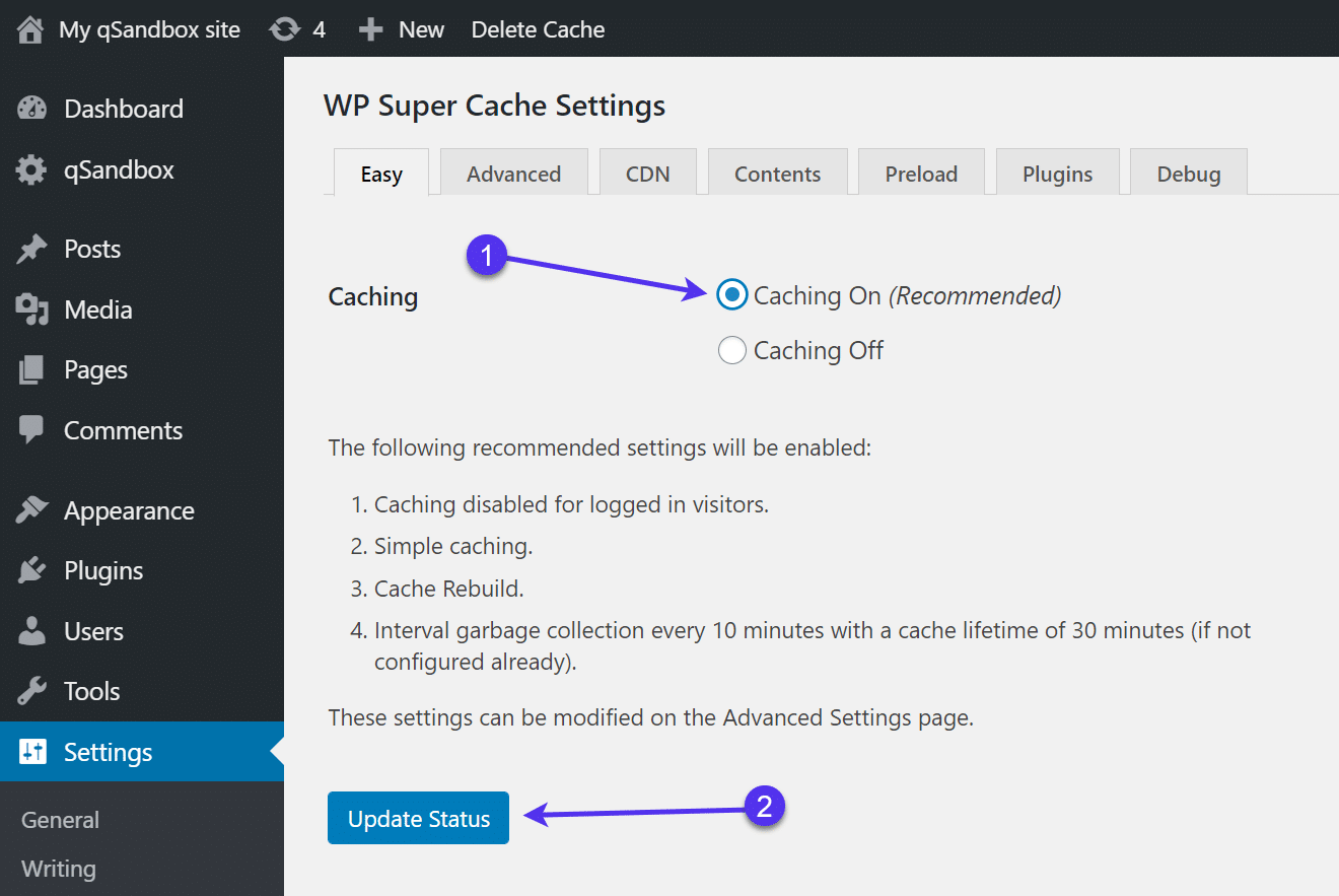 Impostare la cache On/Off in WP Super Cache